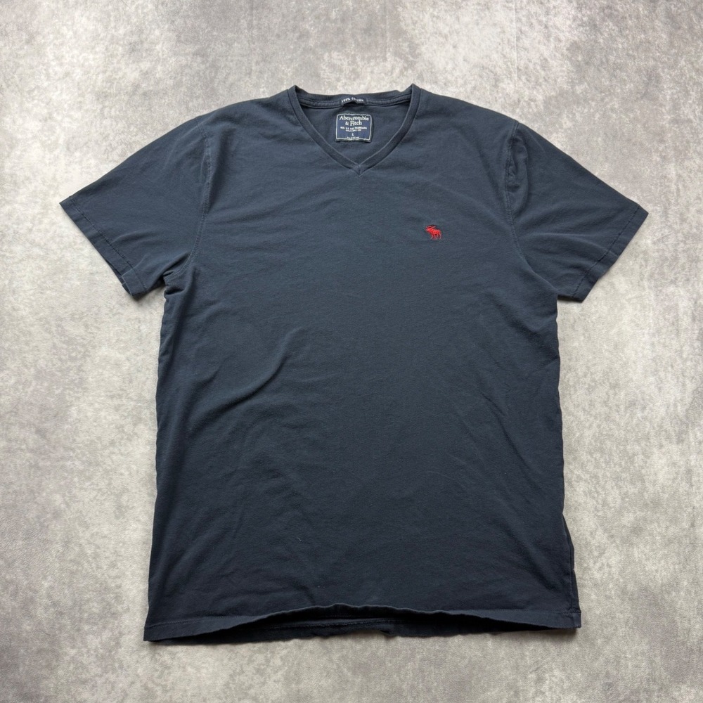 Abercrombie & Fitch Mens V-Neck T-Shirt Large Navy Blue Cotton Red Moose Logo